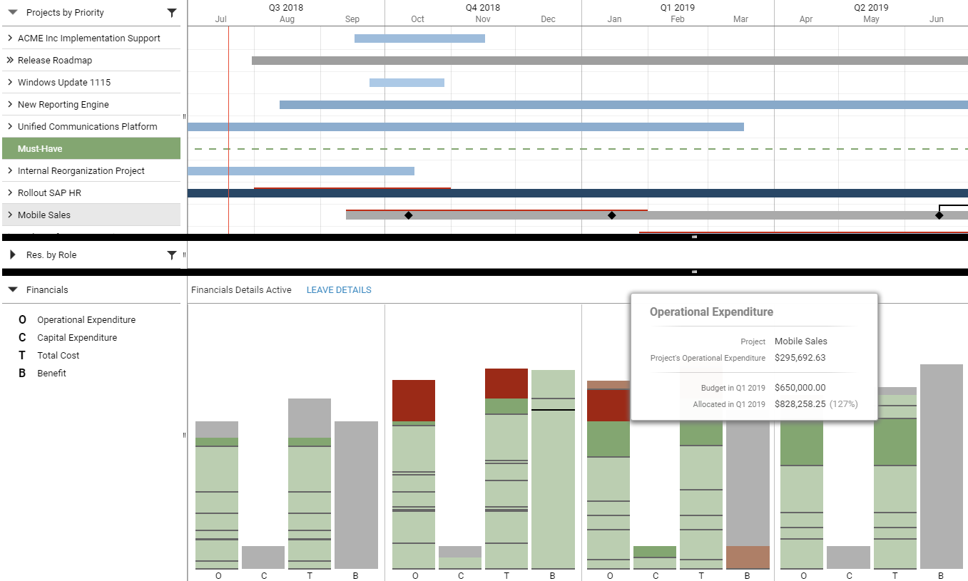 Finance Trade Mode in Meisterplan will show you for example Operational Expenditure